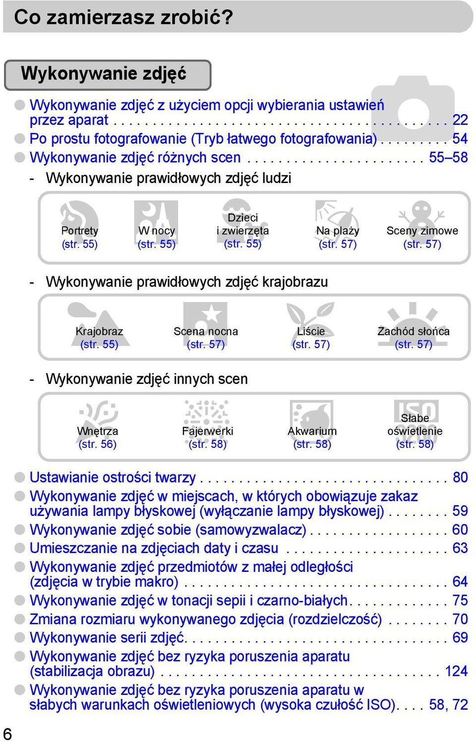 55) (str. 55) - Wykonywanie prawidłowych zdjęć krajobrazu - Wykonywanie zdjęć innych scen (str. 57) Sceny zimowe (str. 57) J Krajobraz Scena, nocna OLiście UZachód słońca (str. 55) (str. 57) (str.