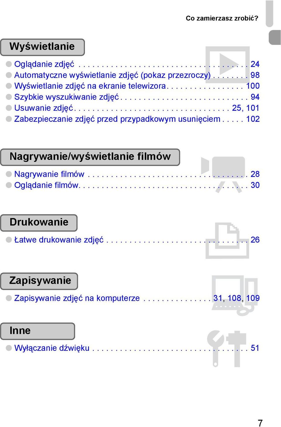 ................................. 25, 101 Zabezpieczanie zdjęć przed przypadkowym usunięciem..... 102 Nagrywanie/wyświetlanie filmów E Nagrywanie filmów................................... 28 Oglądanie filmów.