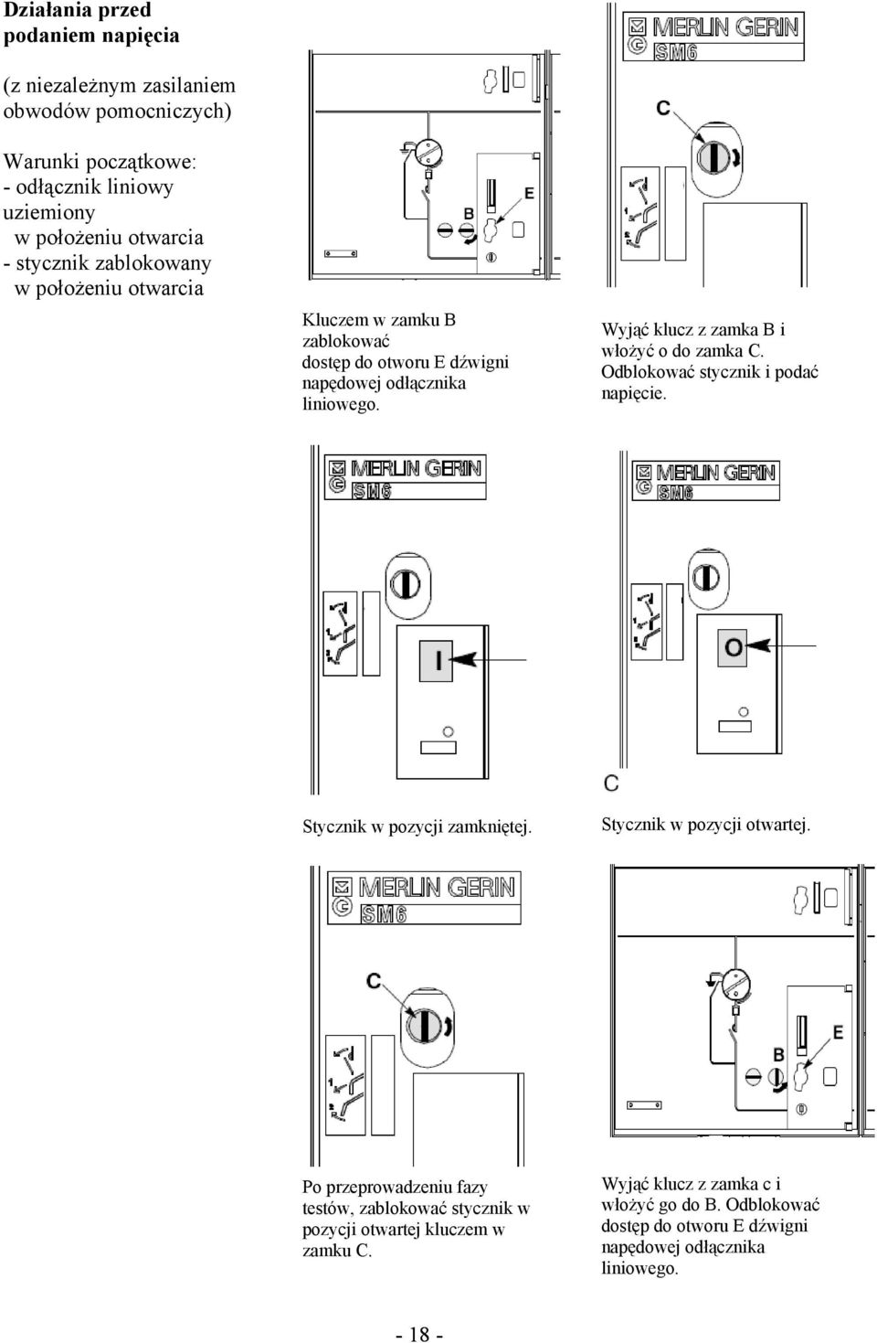 Wyjąć klucz z zamka B i włożyć o do zamka C. Odblokować stycznik i podać napięcie. Stycznik w pozycji zamkniętej. Stycznik w pozycji otwartej.