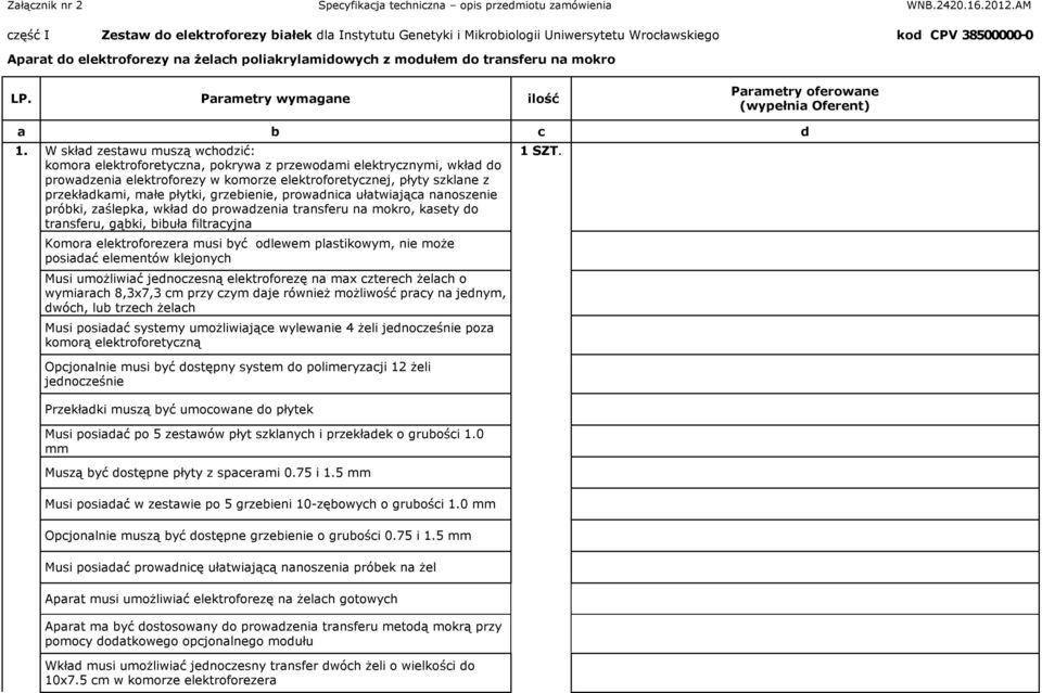 W skład zestawu muszą wchodzić: komora elektroforetyczna, pokrywa z przewodami elektrycznymi, wkład do prowadzenia elektroforezy w komorze elektroforetycznej, płyty szklane z przekładkami, małe