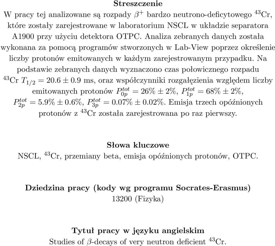 Na podstawie zebranych danych wyznaczono czas połowicznego rozpadu 43 Cr T 1/2 = 20.6 ± 0.