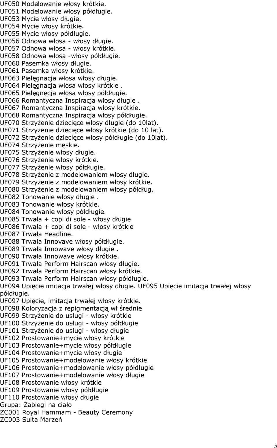 UF064 Pielęgnacja włosa włosy krótkie. UF065 Pielęgnęcja włosa włosy półdługie. UF066 Romantyczna Inspiracja włosy długie. UF067 Romantyczna Inspiracja włosy krótkie.