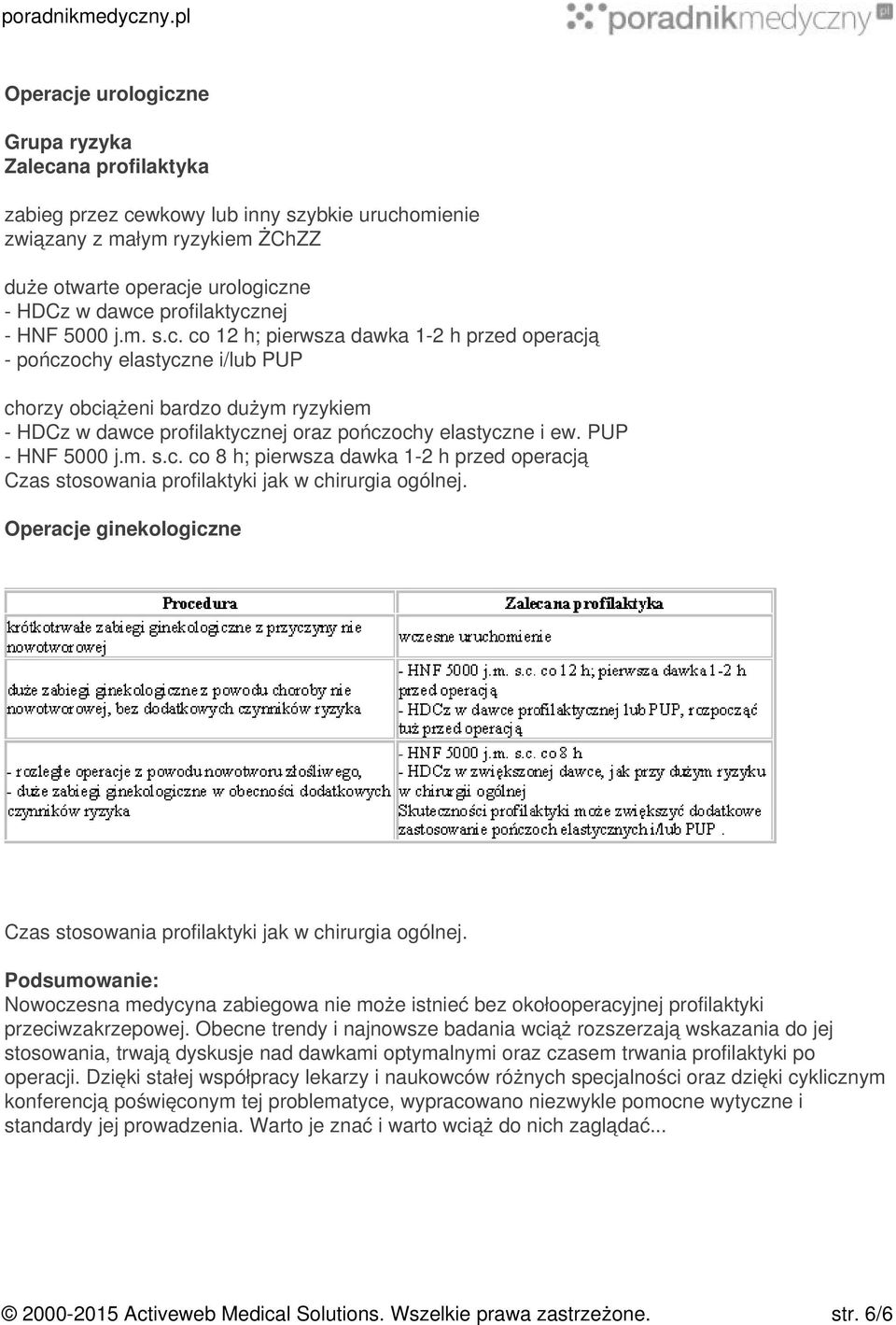 PUP - HNF 5000 j.m. s.c. co 8 h; pierwsza dawka 1-2 h przed operacją Czas stosowania profilaktyki jak w chirurgia ogólnej. Operacje ginekologiczne Czas stosowania profilaktyki jak w chirurgia ogólnej.