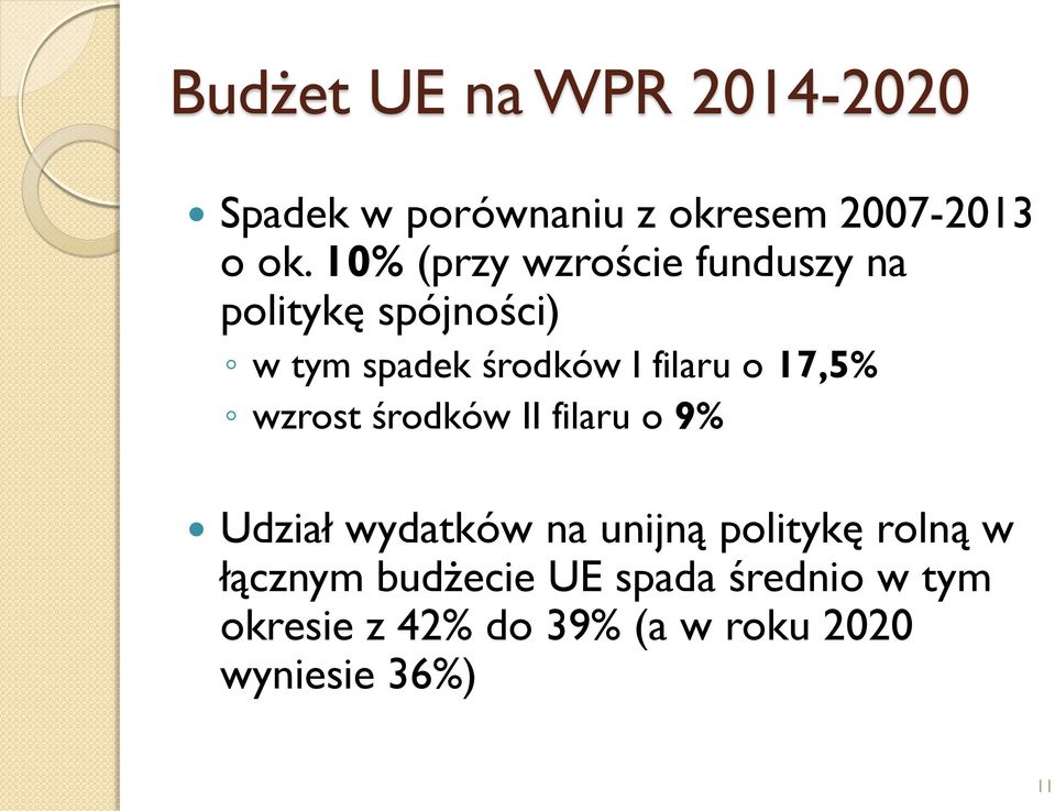 o 17,5% wzrost środków II filaru o 9% Udział wydatków na unijną politykę rolną w