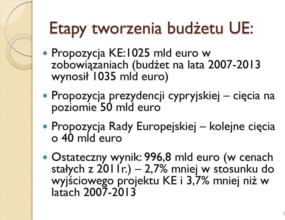 Propozycja Rady Europejskiej kolejne cięcia o 40 mld euro Ostateczny wynik: 996,8 mld euro (w