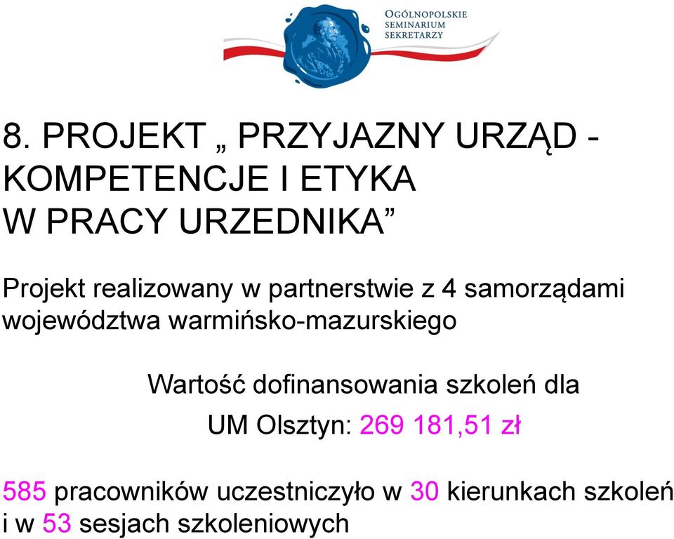 warmińsko-mazurskiego Wartość dofinansowania szkoleń dla UM Olsztyn: 269