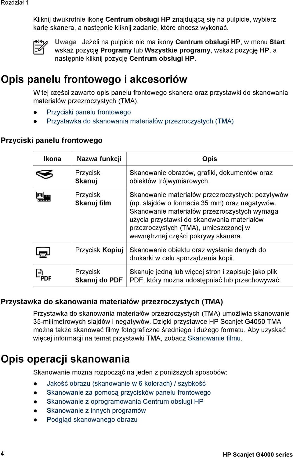 Opis panelu frontowego i akcesoriów W tej części zawarto opis panelu frontowego skanera oraz przystawki do skanowania materiałów przezroczystych (TMA).