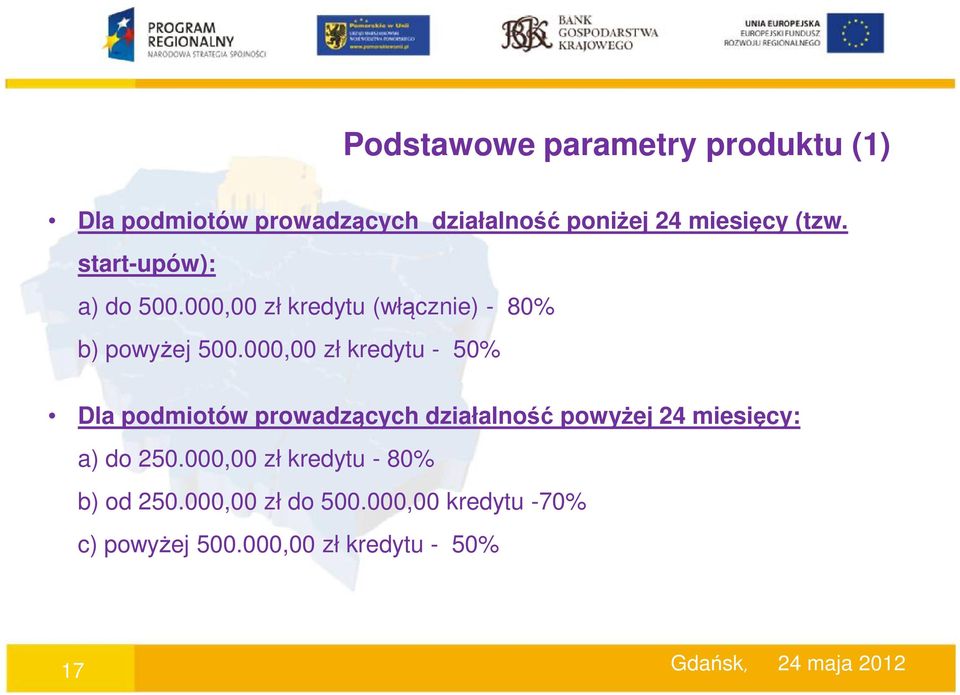 000,00 zł kredytu - 50% Dla podmiotów prowadzących działalność powyżej 24 miesięcy: a) do 250.