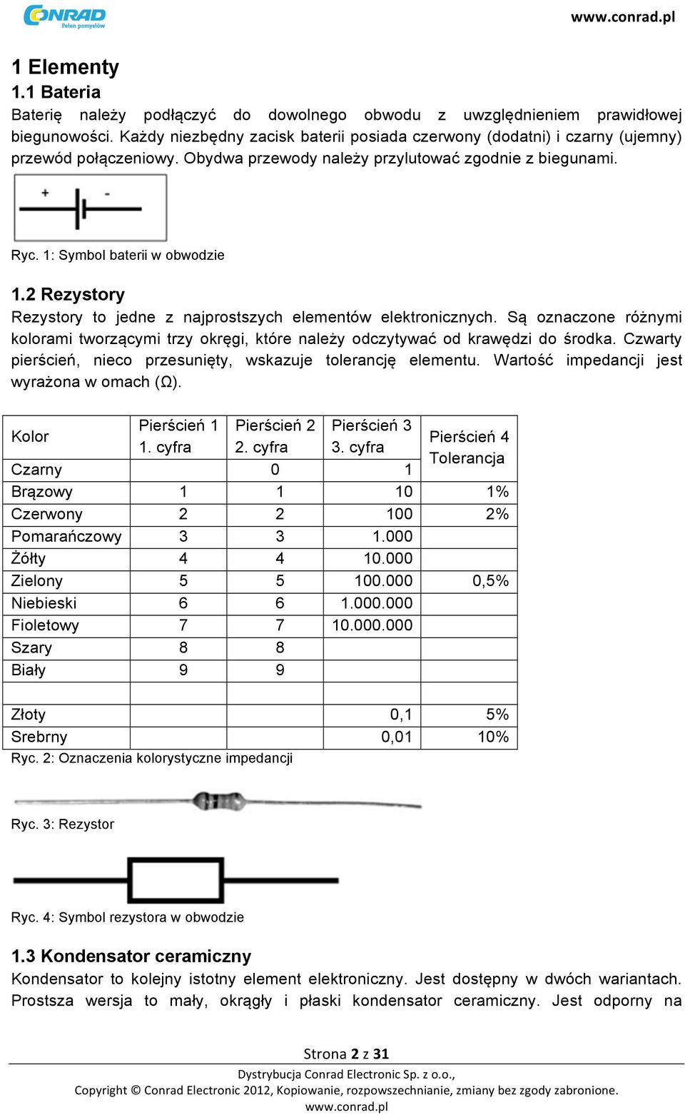 2 Rezystory Rezystory to jedne z najprostszych elementów elektronicznych. Są oznaczone różnymi kolorami tworzącymi trzy okręgi, które należy odczytywać od krawędzi do środka.