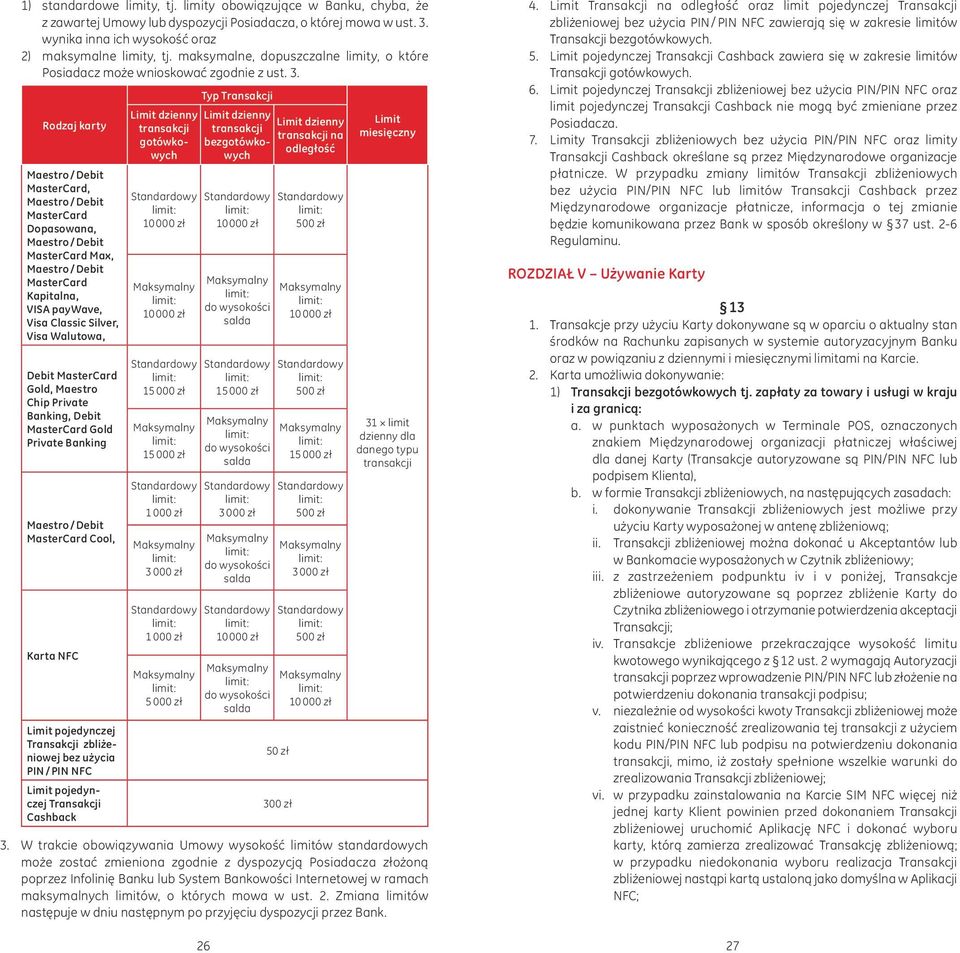 Rodzaj karty Maestro / Debit MasterCard, Maestro / Debit MasterCard Dopasowana, Maestro / Debit MasterCard Max, Maestro / Debit MasterCard Kapitalna, VISA paywave, Visa Classic Silver, Visa Walutowa,