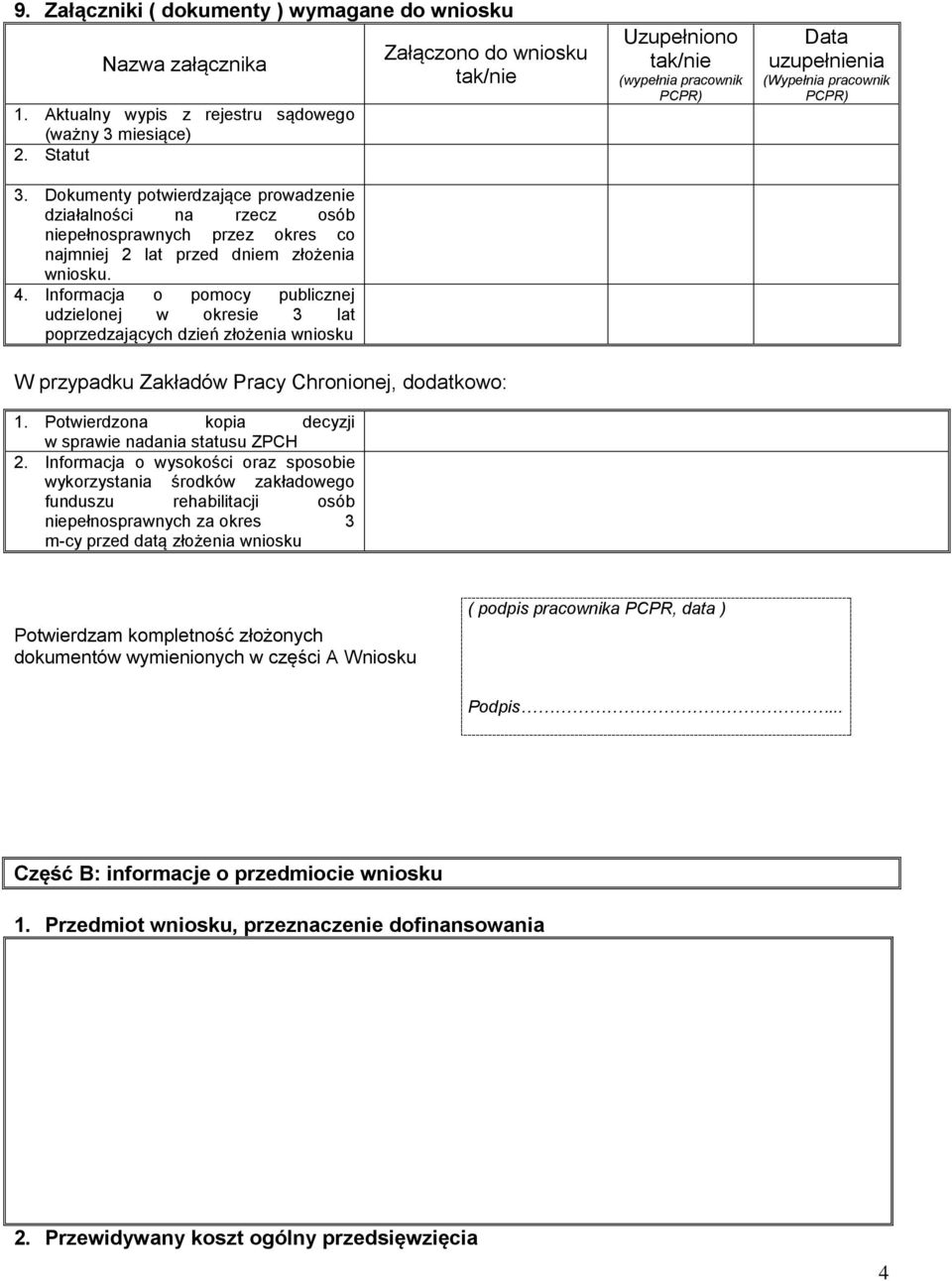 Informacja o pomocy publicznej udzielonej w okresie 3 lat poprzedzających dzień złożenia wniosku Załączono do wniosku tak/nie Uzupełniono tak/nie (wypełnia pracownik PCPR) Data uzupełnienia (Wypełnia