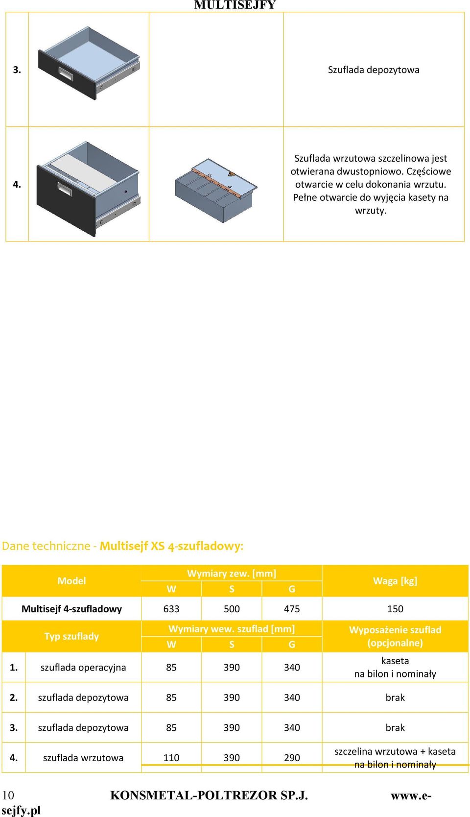[mm] W S G Waga [kg] Multisejf 4-szufladowy 633 500 475 150 Wymiary wew. szuflad [mm] Typ szuflady W S G 1.