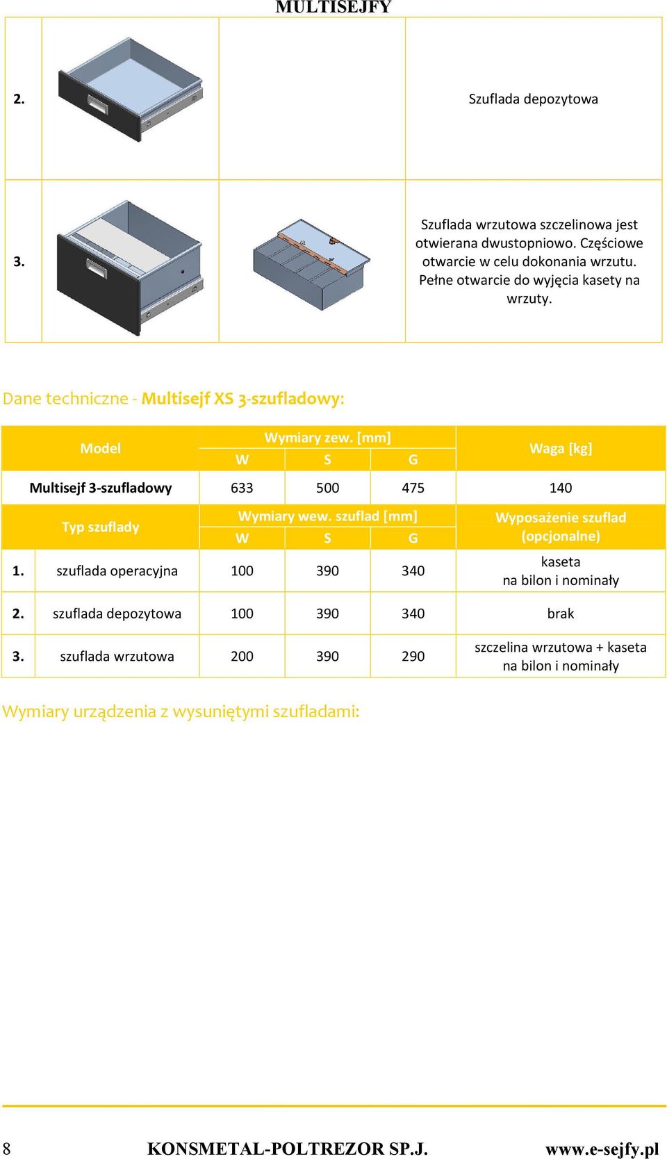 [mm] W S G Waga [kg] Multisejf 3-szufladowy 633 500 475 140 Wymiary wew. szuflad [mm] Typ szuflady W S G 1.
