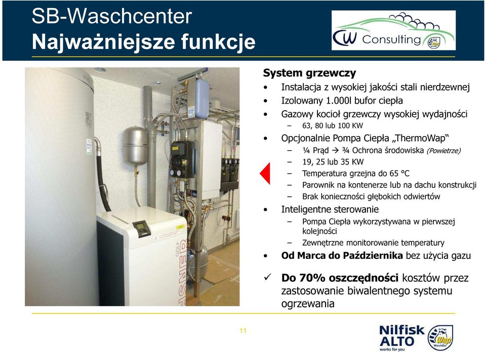 (Powietrze) 19, 25 lub 35 KW Temperatura grzejna do 65 C Parownik na kontenerze lub na dachu konstrukcji Brak konieczności głębokich odwiertów