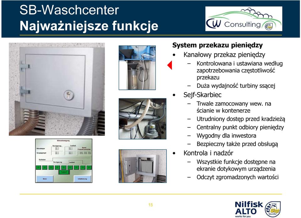 na ścianie w kontenerze Utrudniony dostęp przed kradzieżą Centralny punkt odbiory pieniędzy Wygodny dla inwestora