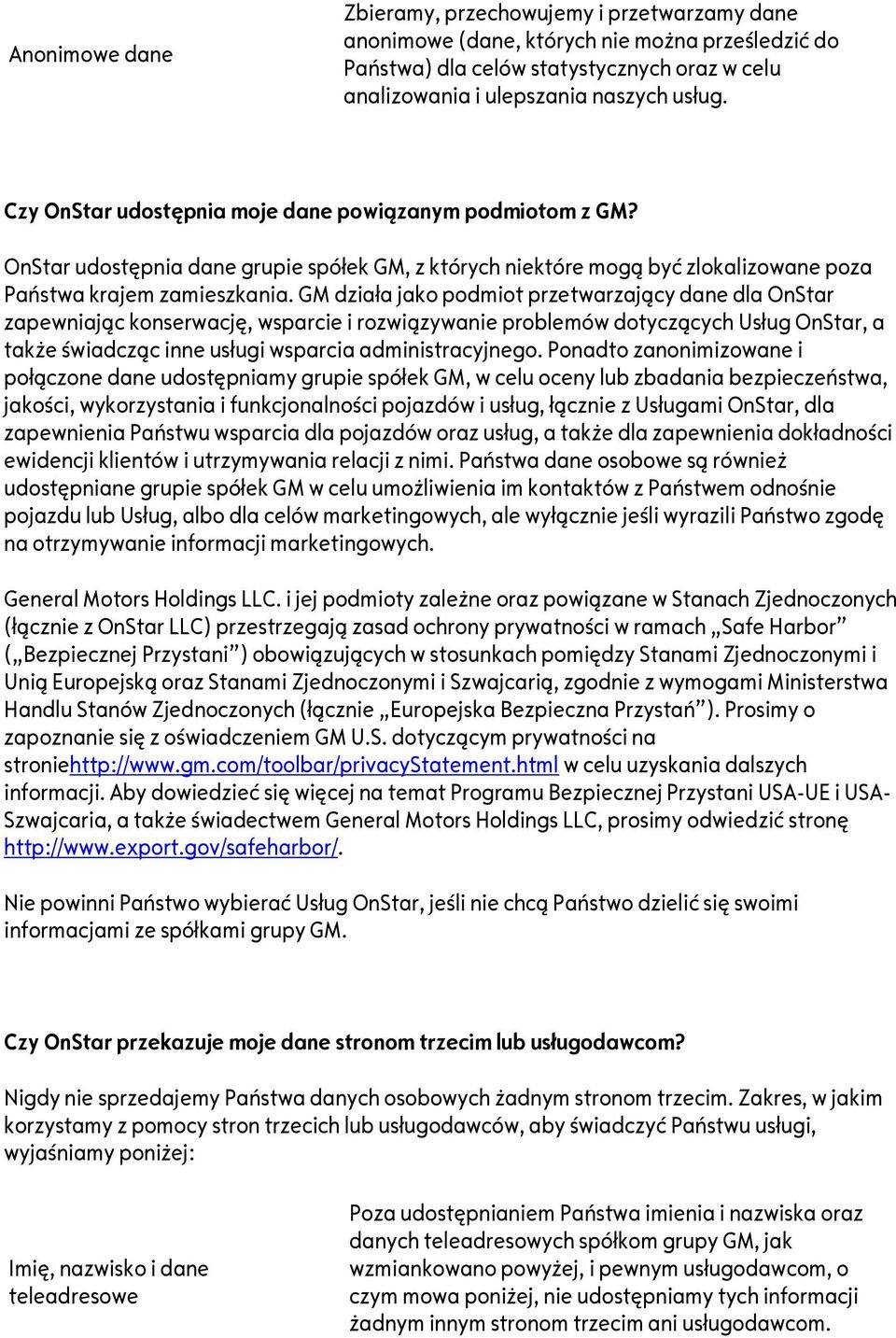 GM działa jako podmiot przetwarzający dane dla OnStar zapewniając konserwację, wsparcie i rozwiązywanie problemów dotyczących Usług OnStar, a także świadcząc inne usługi wsparcia administracyjnego.