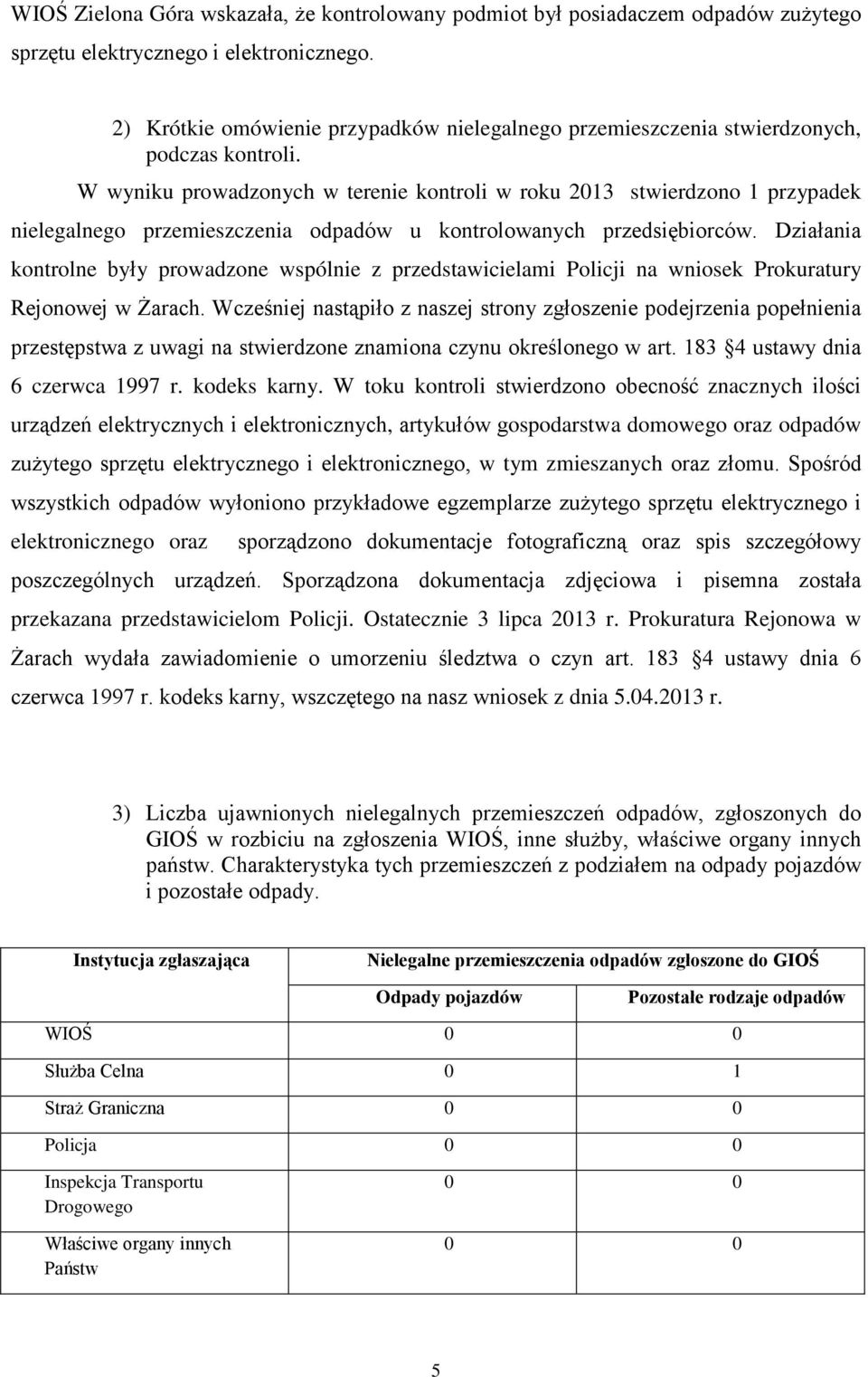 W wyniku prowadzonych w terenie kontroli w roku 2013 stwierdzono 1 przypadek nielegalnego przemieszczenia odpadów u kontrolowanych przedsiębiorców.