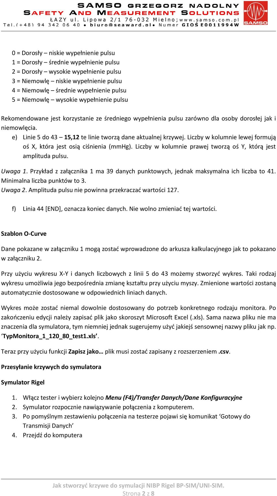 e) Linie 5 do 43 15,12 te linie tworzą dane aktualnej krzywej. Liczby w kolumnie lewej formują oś X, która jest osią ciśnienia (mmhg). Liczby w kolumnie prawej tworzą oś Y, którą jest amplituda pulsu.