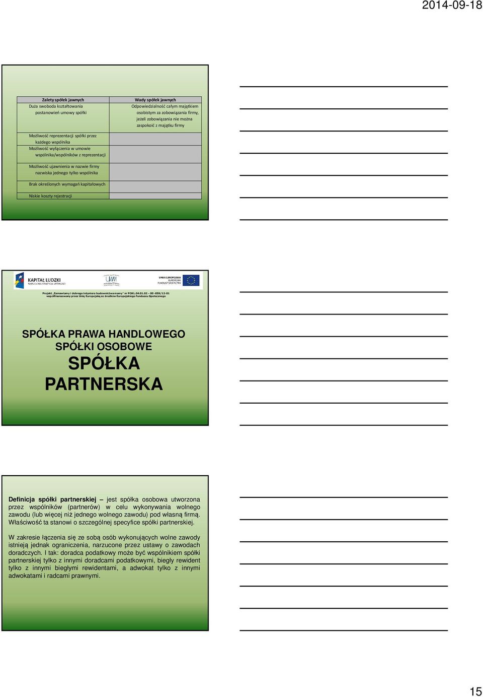 wspólnika Brak określonych wymagań kapitałowych Niskie koszty rejestracji SPÓŁKA PRAWA HANDLOWEGO SPÓŁKI OSOBOWE SPÓŁKA PARTNERSKA Definicja spółki partnerskiej jest spółka osobowa utworzona przez