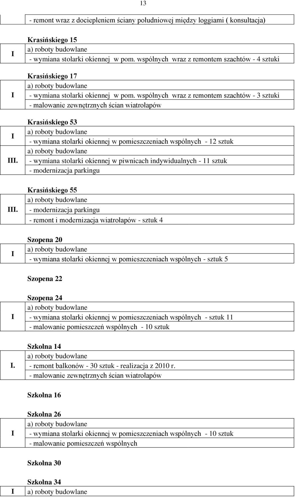 wspólnych wraz z remontem szachtów - 3 sztuki - malowanie zewnętrznych ścian wiatrołapów Krasińskiego 53 - wymiana stolarki okiennej w pomieszczeniach wspólnych - 12 sztuk - wymiana stolarki okiennej