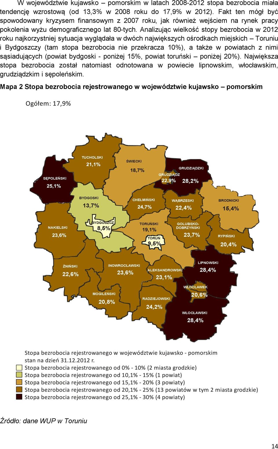 Analizując wielkość stopy bezrobocia w 2012 roku najkorzystniej sytuacja wyglądała w dwóch największych ośrodkach miejskich Toruniu i Bydgoszczy (tam stopa bezrobocia nie przekracza 10%), a także w