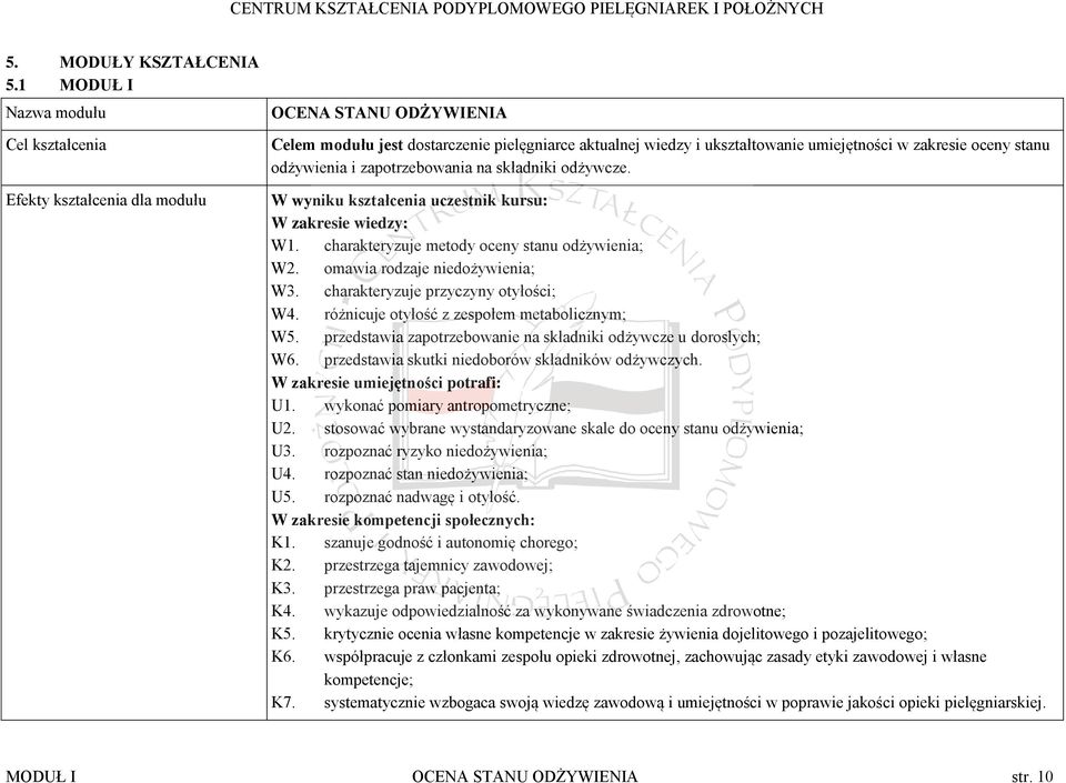 stanu odżywienia i zapotrzebowania na składniki odżywcze. W wyniku kształcenia uczestnik kursu: W zakresie wiedzy: W1. charakteryzuje metody oceny stanu odżywienia; W2.