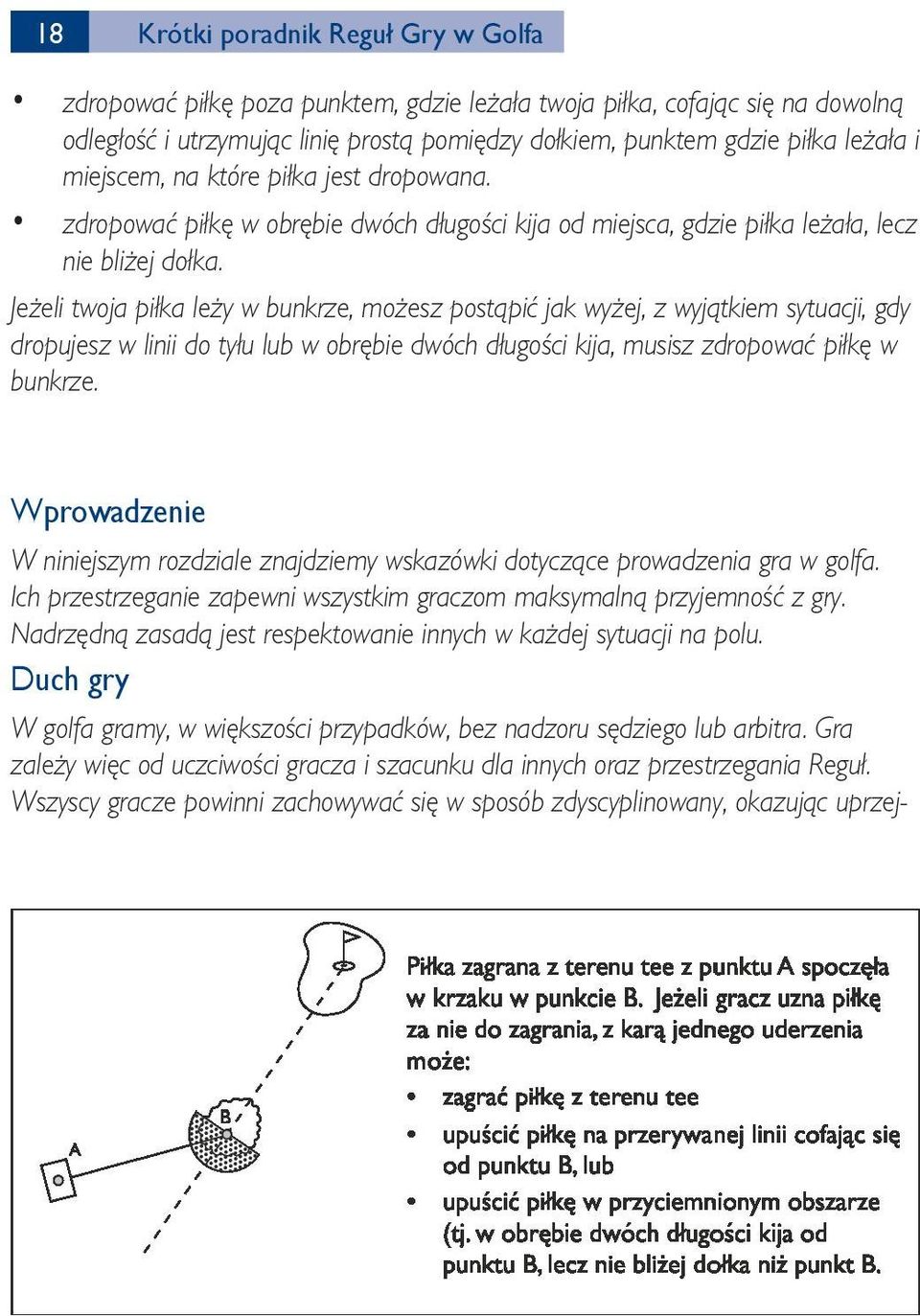 Jeżeli twoja piłka leży w bunkrze, możesz postąpić jak wyżej, z wyjątkiem sytuacji, gdy dropujesz w linii do tyłu lub w obrębie dwóch długości kija, musisz zdropować piłkę w bunkrze.