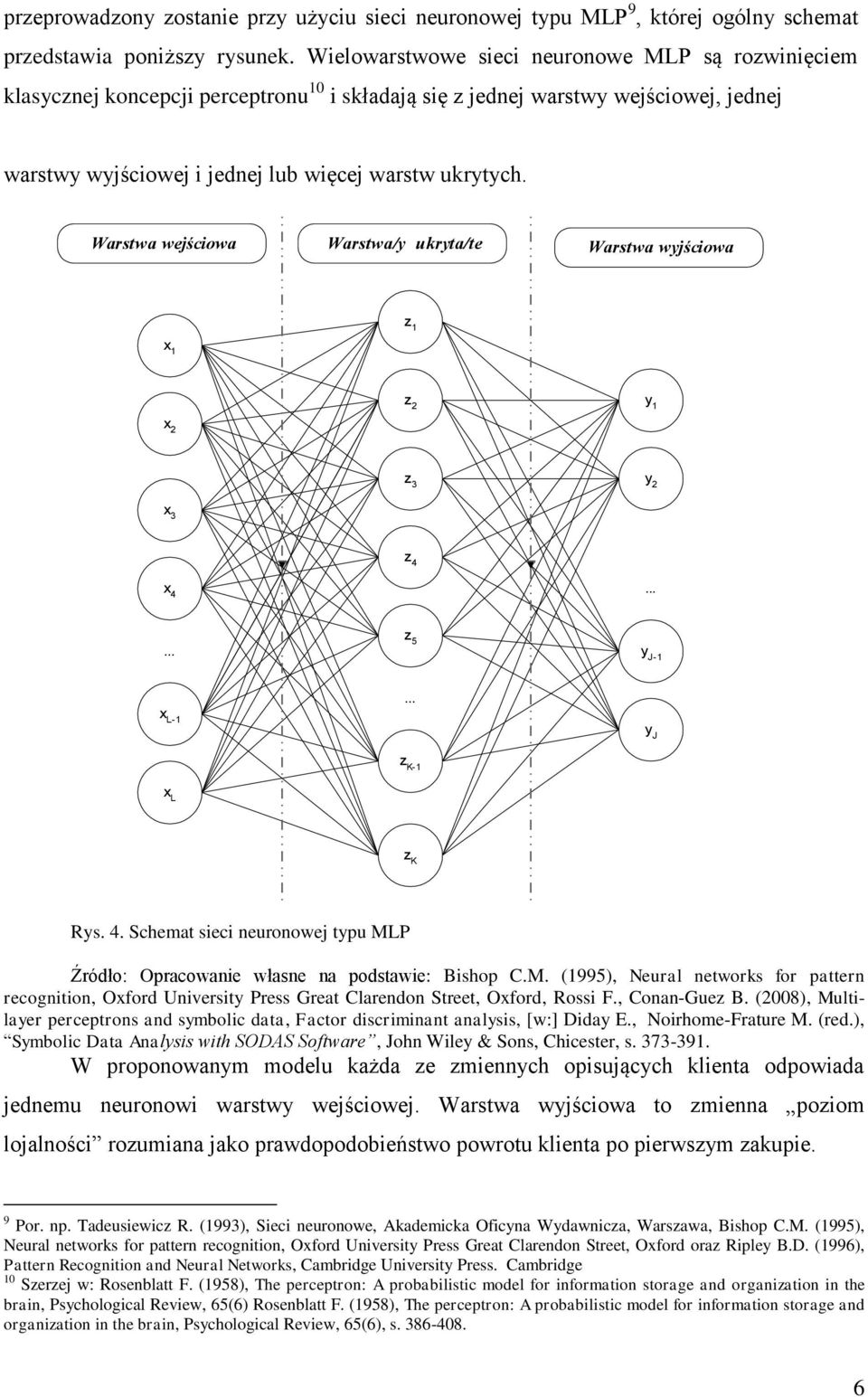 Warstwa wejściowa Warstwa/y ukryta/te Warstwa wyjściowa z 1 x 1 z 2 y 1 x 2 z 3 y 2 x 3 x 4 z 4...... z 5 y J-1 x L-1... y J z K-1 x L z K Rys. 4. Schemat sieci neuronowej typu MLP Źródło: Opracowanie własne na podstawie: Bishop C.