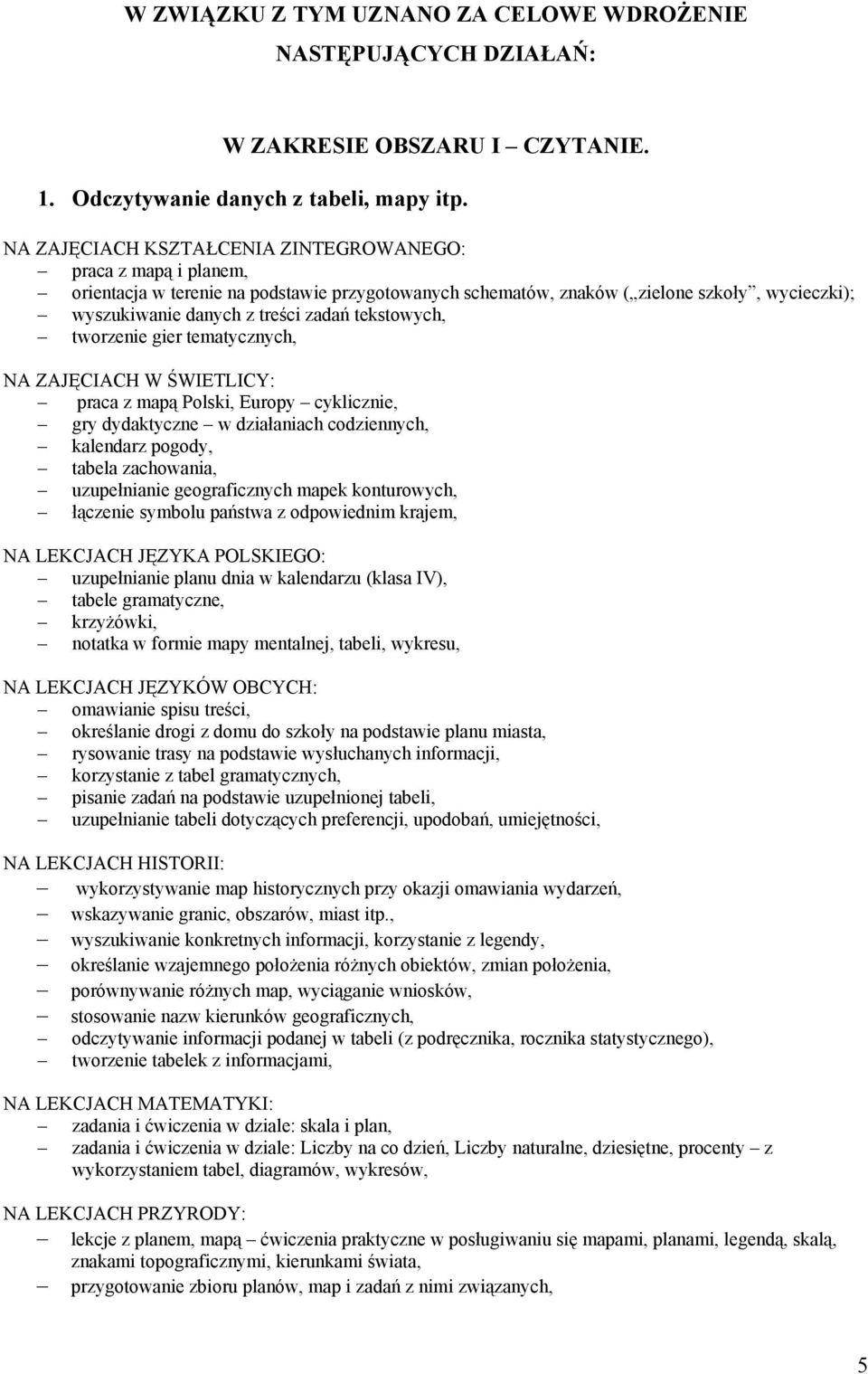 ZAJĘCIACH W ŚWIETLICY: praca z mapą Polski, Europy cyklicznie, gry dydaktyczne w działaniach codziennych, kalendarz pogody, tabela zachowania, uzupełnianie geograficznych mapek konturowych, łączenie