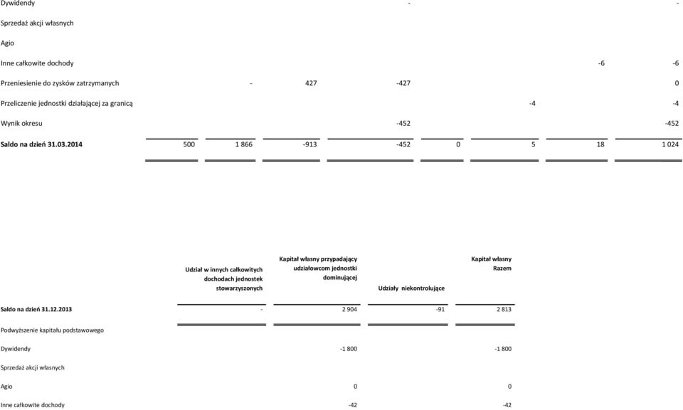 2014 500 1 866-913 -452 0 5 18 1 024 Udział w innych całkowitych dochodach jednostek stowarzyszonych Kapitał własny przypadający udziałowcom