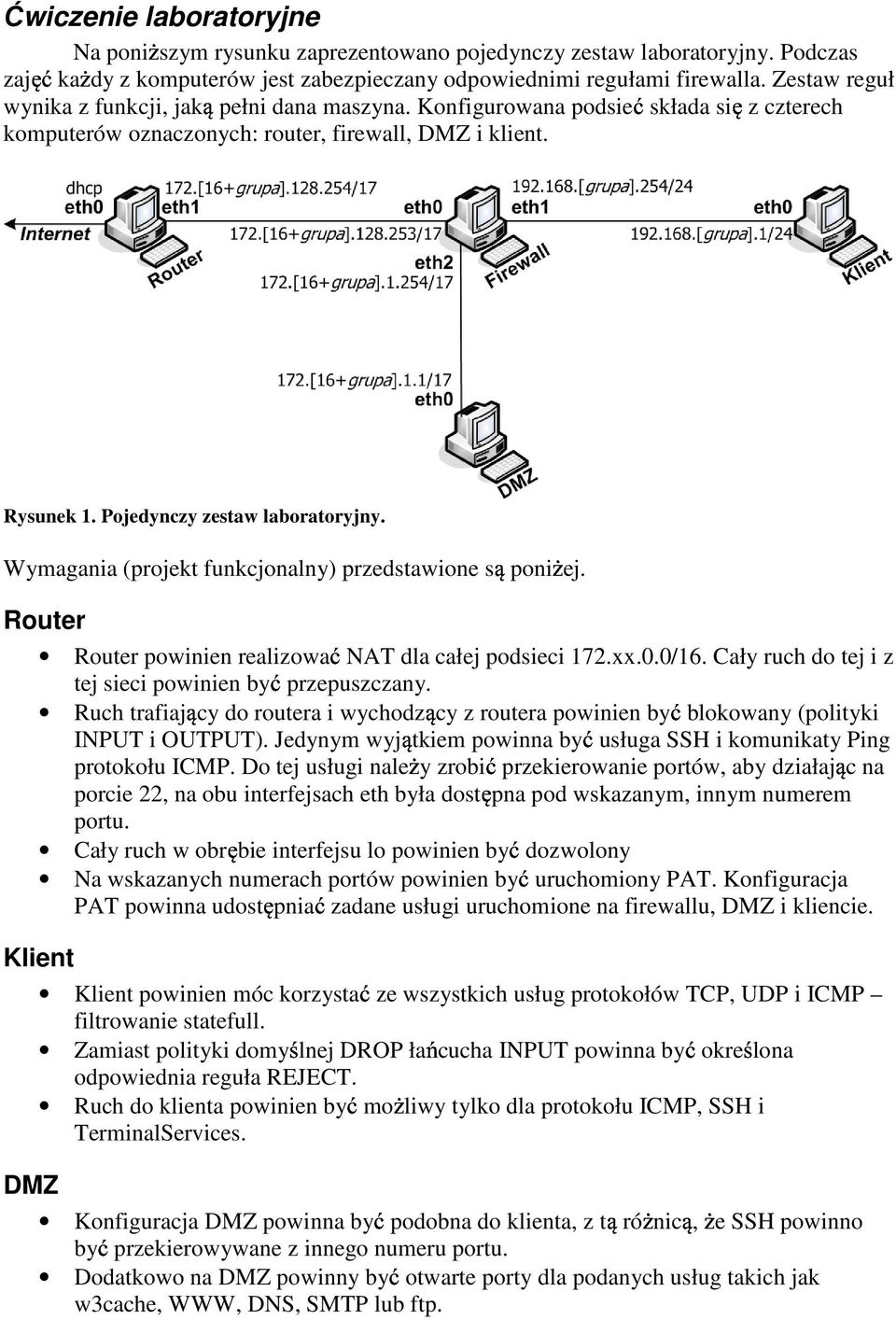 Wymagania (projekt funkcjonalny) przedstawione poni ej. Router Router powinien realizowa NAT dla całej podsieci 172.xx.0.0/16. Cały ruch do tej i z tej sieci powinien by przepuszczany.