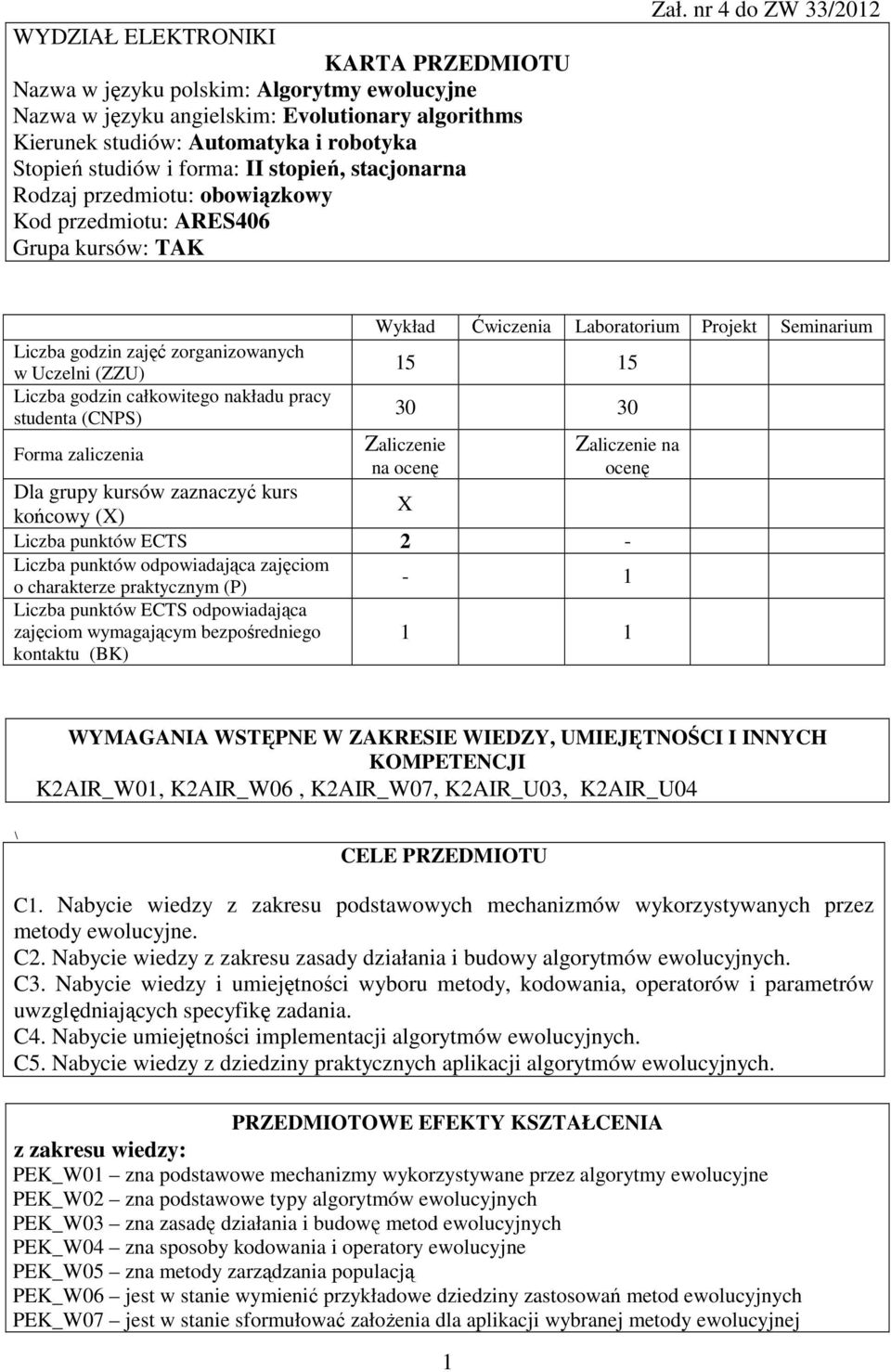 nr 4 do ZW 33/01 Liczba godzin zajęć zorganizowanych w Uczelni (ZZU) Liczba godzin całkowitego nakładu pracy studenta (CNPS) Forma zaliczenia Wykład Ćwiczenia Laboratorium Projekt Seminarium 15 15 30