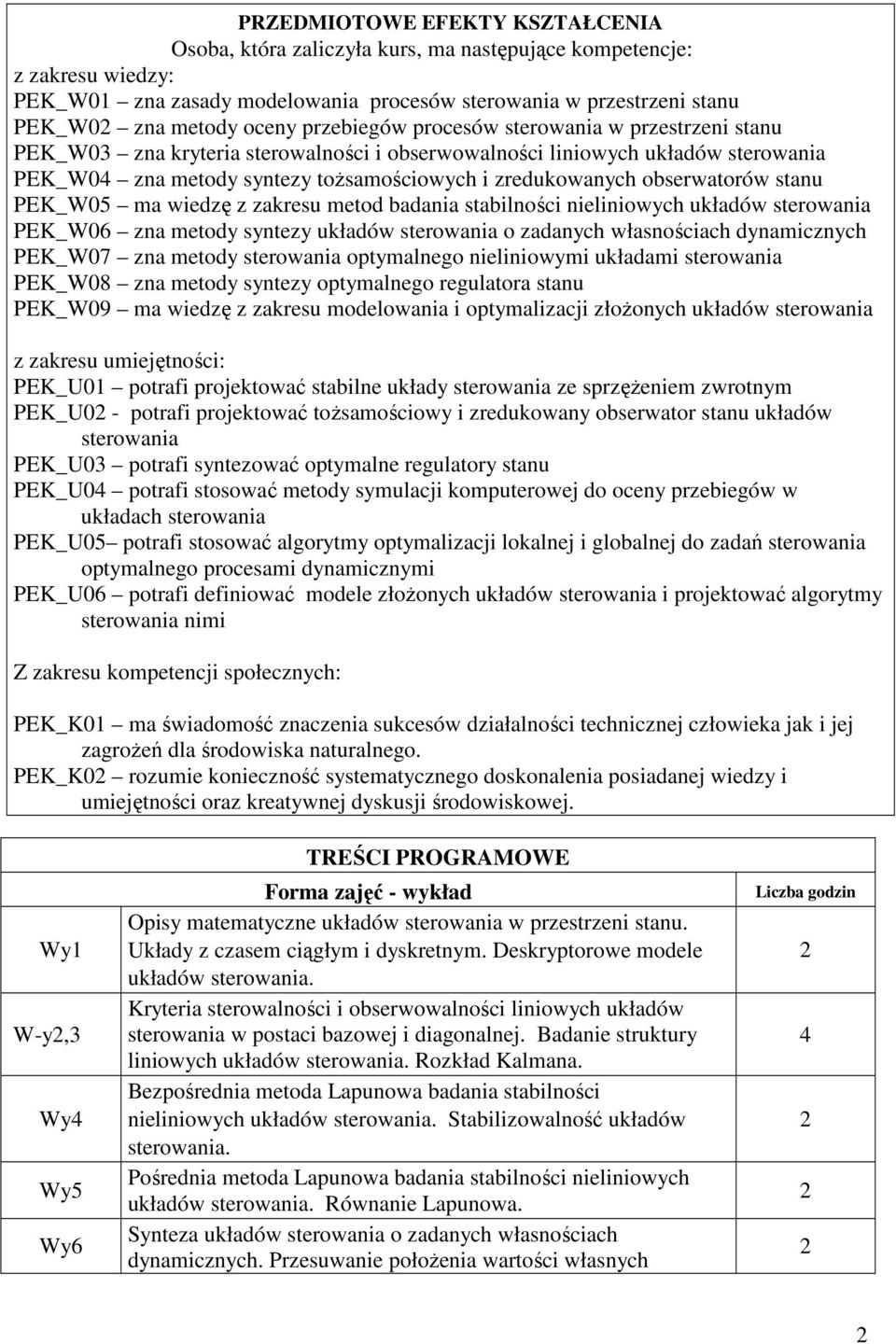 obserwatorów stanu PEK_W05 ma wiedzę z zakresu metod badania stabilności nieliniowych układów sterowania PEK_W06 zna metody syntezy układów sterowania o zadanych własnościach dynamicznych PEK_W07 zna