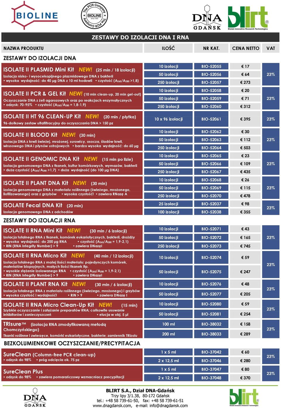 (10 min clean-up, 20 min gel-out) Oczyszczanie DNA z żeli agarozowych oraz po reakcjach enzymatycznych odzysk: 70-95% czystość (A260/A280 = 1,8-1,9) 10 izolacji BIO-52055 17 50 izolacji BIO-52056 64