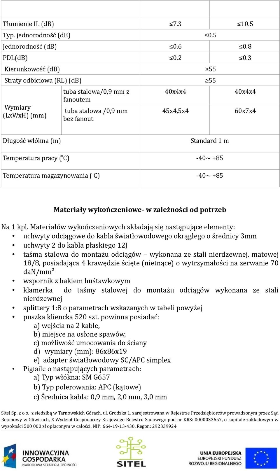 Temperatura pracy ( ec) -40~ +85 Temperatura magazynowania ( ec) -40~ +85 Materiały wykończeniowe- w zależności od potrzeb Na 1 kpl.