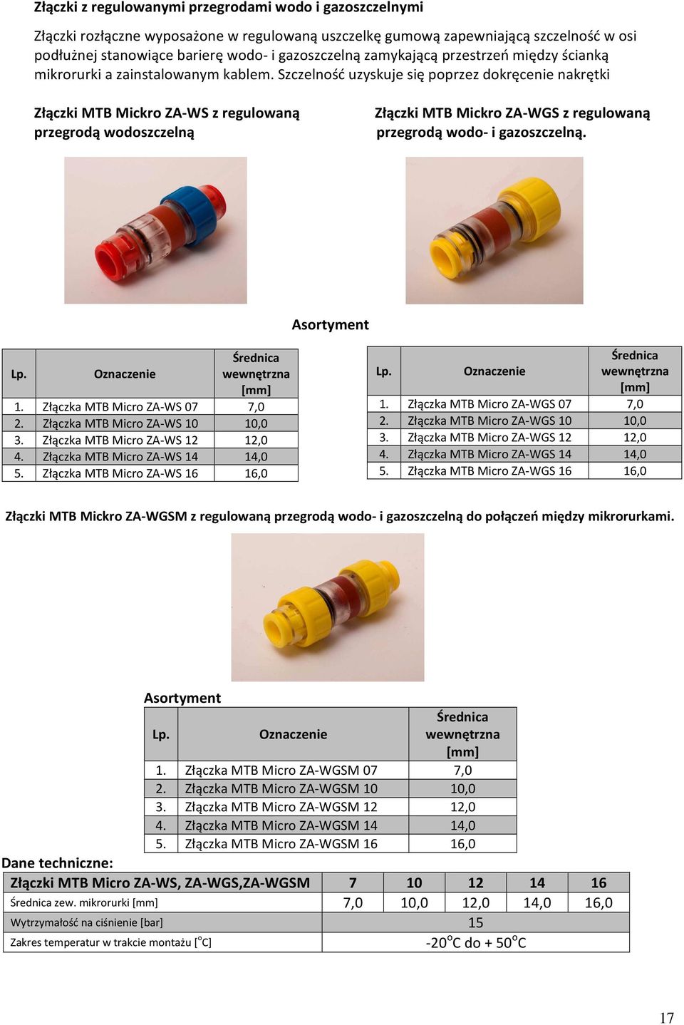 Szczelność uzyskuje się poprzez dokręcenie nakrętki Złączki MTB Mickro ZA-WS z regulowaną przegrodą wodoszczelną Złączki MTB Mickro ZA-WGS z regulowaną przegrodą wodo- i gazoszczelną. 1.