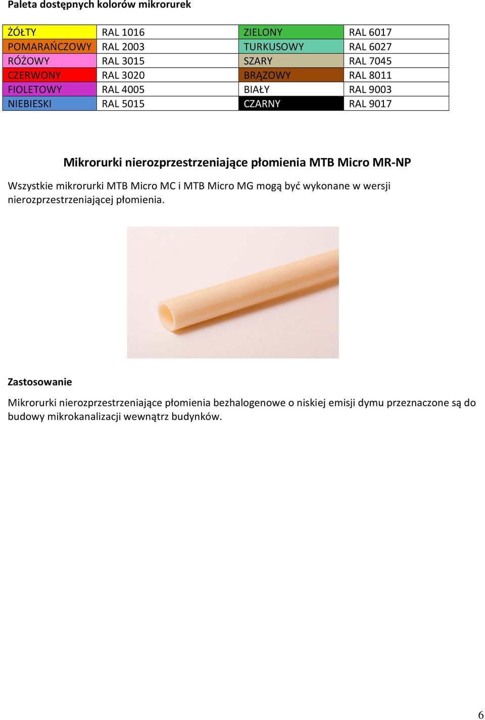 nierozprzestrzeniające płomienia MTB Micro MR-NP Wszystkie mikrorurki MTB Micro MC i MTB Micro MG mogą być wykonane w wersji