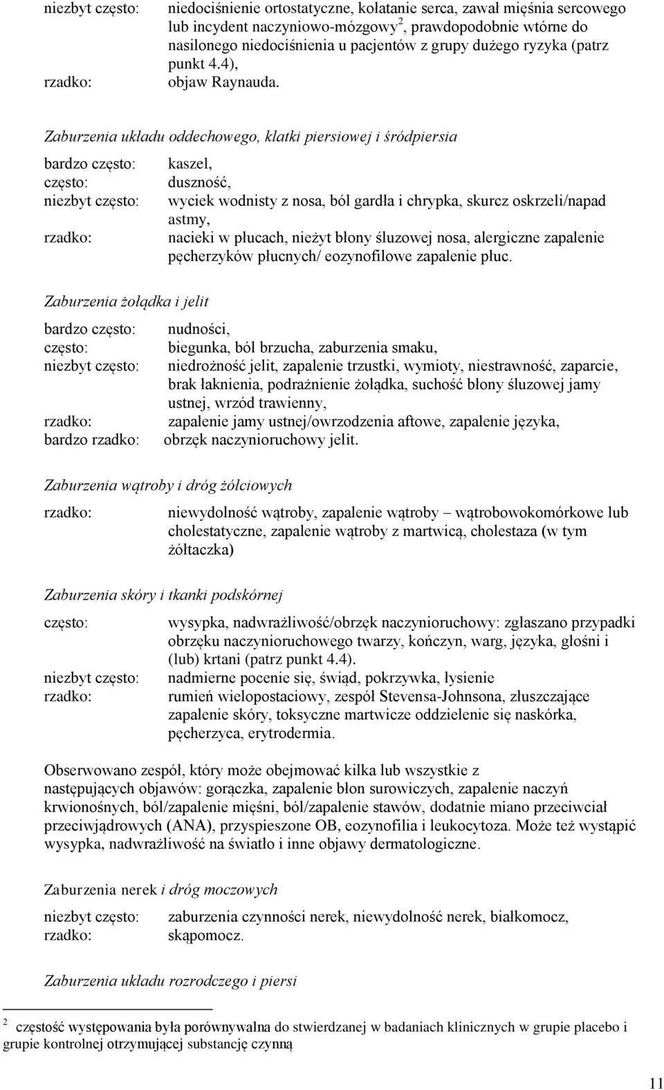 Zaburzenia układu oddechowego, klatki piersiowej i śródpiersia bardzo często: często: niezbyt często: rzadko: kaszel, duszność, wyciek wodnisty z nosa, ból gardła i chrypka, skurcz oskrzeli/napad