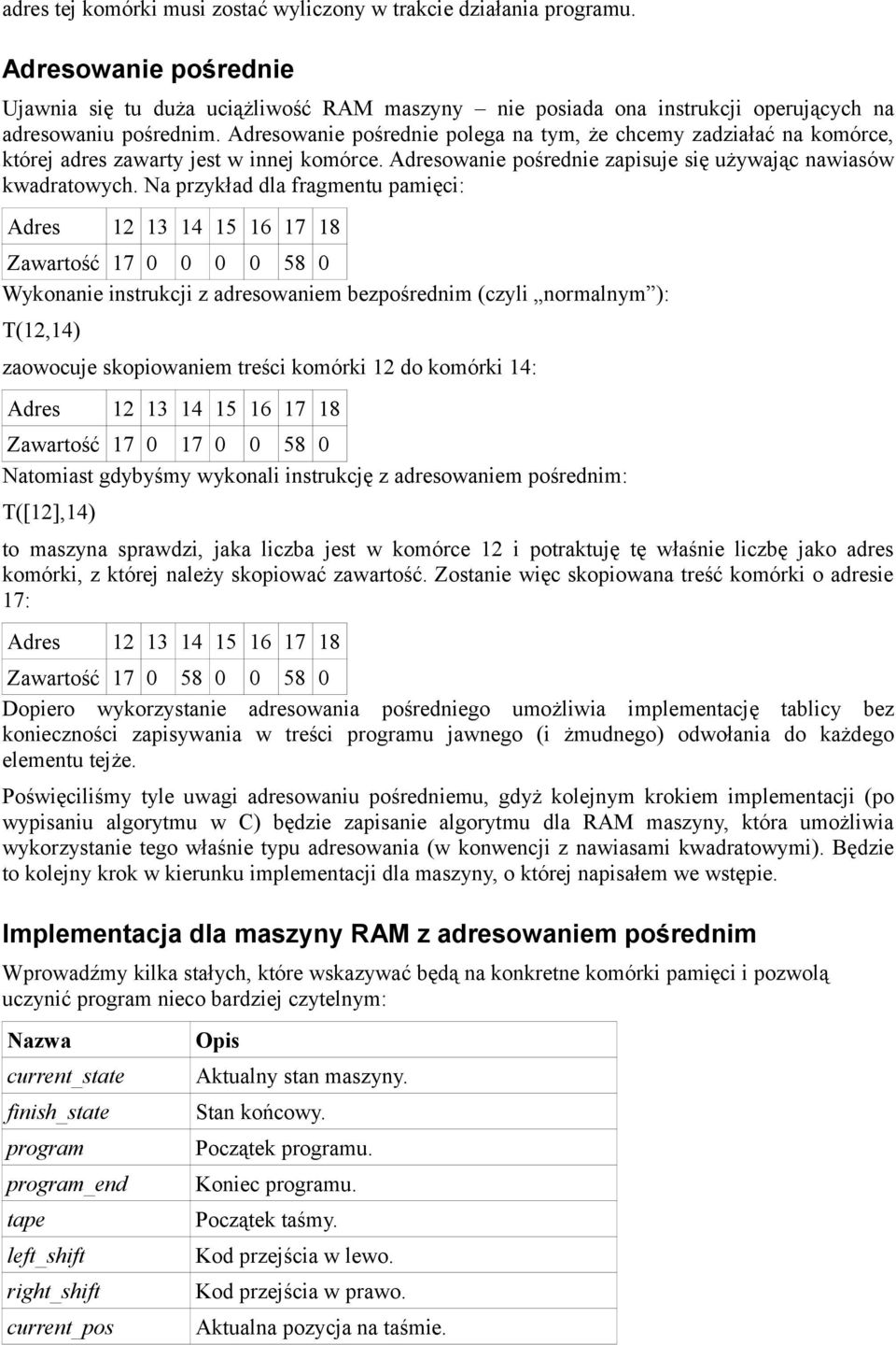 Na przykład dla fragmentu pamięci: Adres 12 13 14 15 16 17 18 Zawartość 17 0 0 0 0 58 0 Wykonanie instrukcji z adresowaniem bezpośrednim (czyli normalnym ): T(12,14) zaowocuje skopiowaniem treści