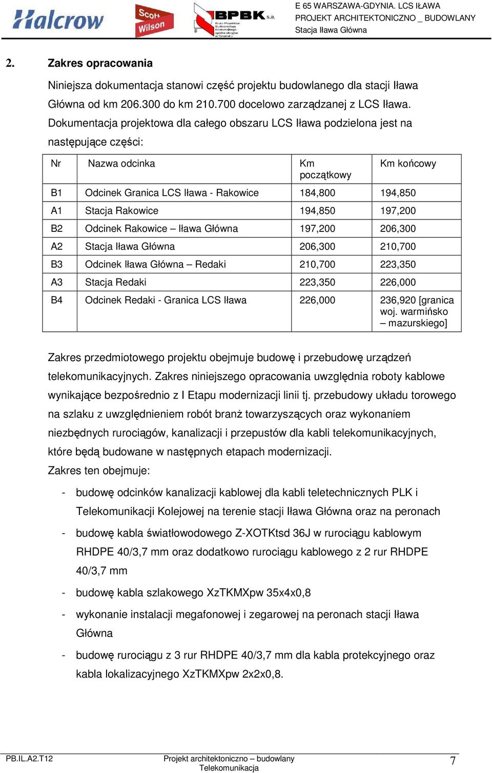 Rakowice 194,850 197,200 B2 Odcinek Rakowice Iława Główna 197,200 206,300 A2 206,300 210,700 B3 Odcinek Iława Główna Redaki 210,700 223,350 A3 Stacja Redaki 223,350 226,000 B4 Odcinek Redaki -