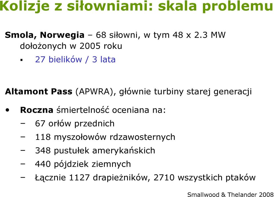 generacji Roczna śmiertelność oceniana na: 67 orłów przednich 118 myszołowów rdzawosternych 348