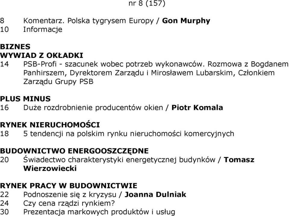 Piotr Komala RYNEK NIERUCHOMOŚCI 18 5 tendencji na polskim rynku nieruchomości komercyjnych BUDOWNICTWO ENERGOOSZCZĘDNE 20 Świadectwo charakterystyki