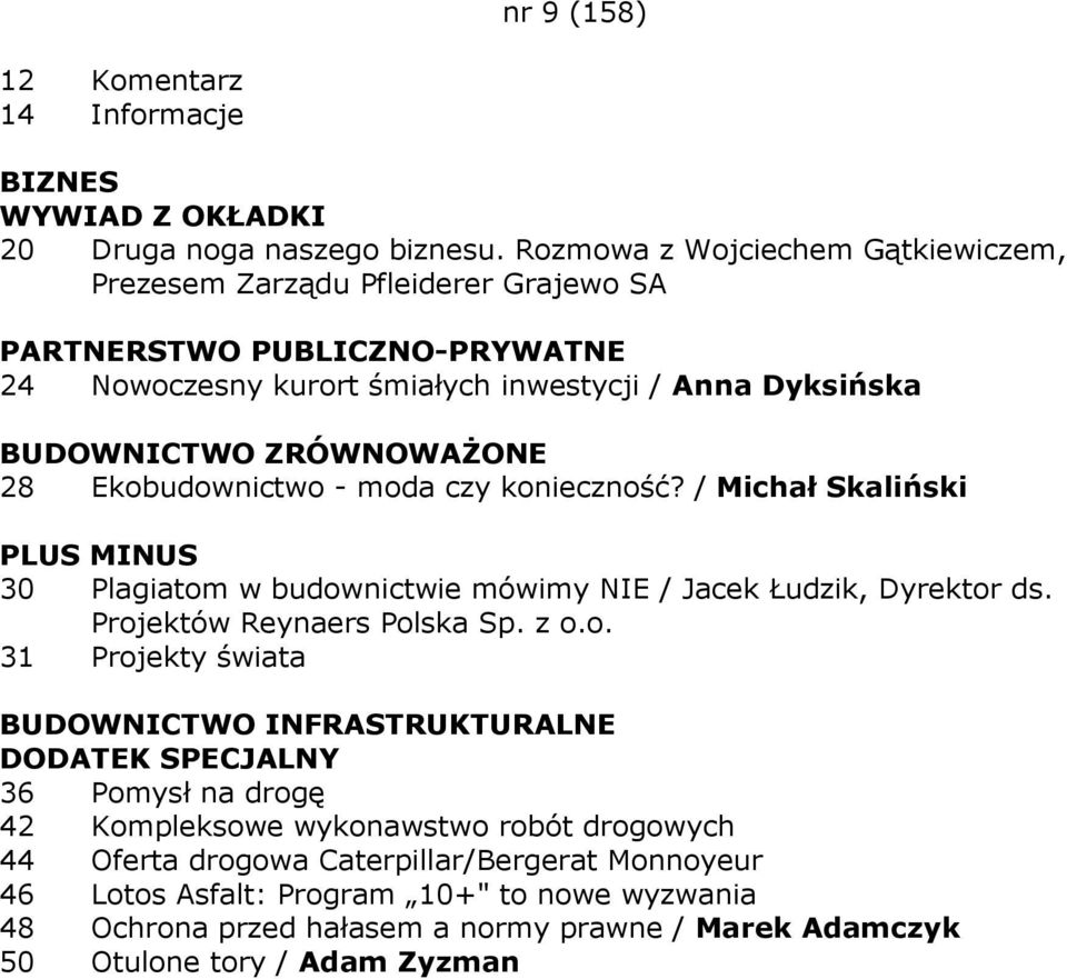 ZRÓWNOWAśONE 28 Ekobudownictwo - moda czy konieczność? / Michał Skaliński PLUS MINUS 30 Plagiatom w budownictwie mówimy NIE / Jacek Łudzik, Dyrektor ds. Projektów Reynaers Polska Sp. z o.