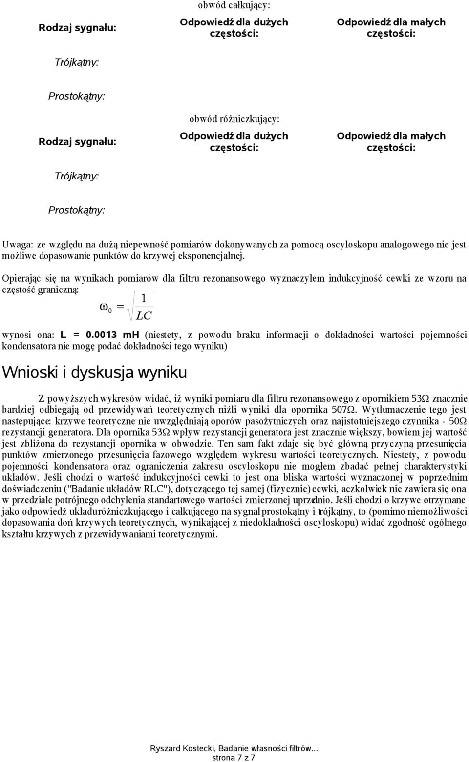 Opierając się na wynikach pomiarów dla filtru rezonansowego wyznaczyłem indukcyjność cewki ze wzoru na częstość graniczną: ω = LC wynosi ona: L =.