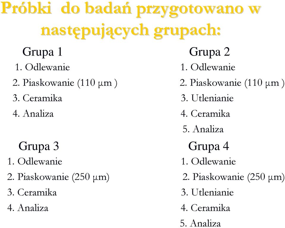 Analiza 4. Ceramika 5. Analiza Grupa 3 Grupa 4 1. Odlewanie 1. Odlewanie 2.