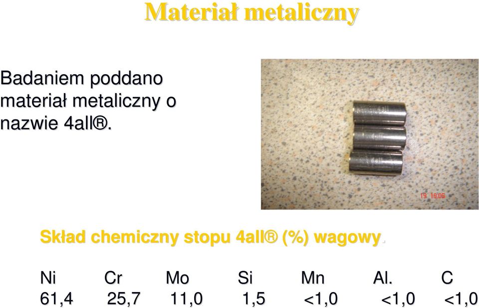 Skład chemiczny stopu 4all (%) wagowy.