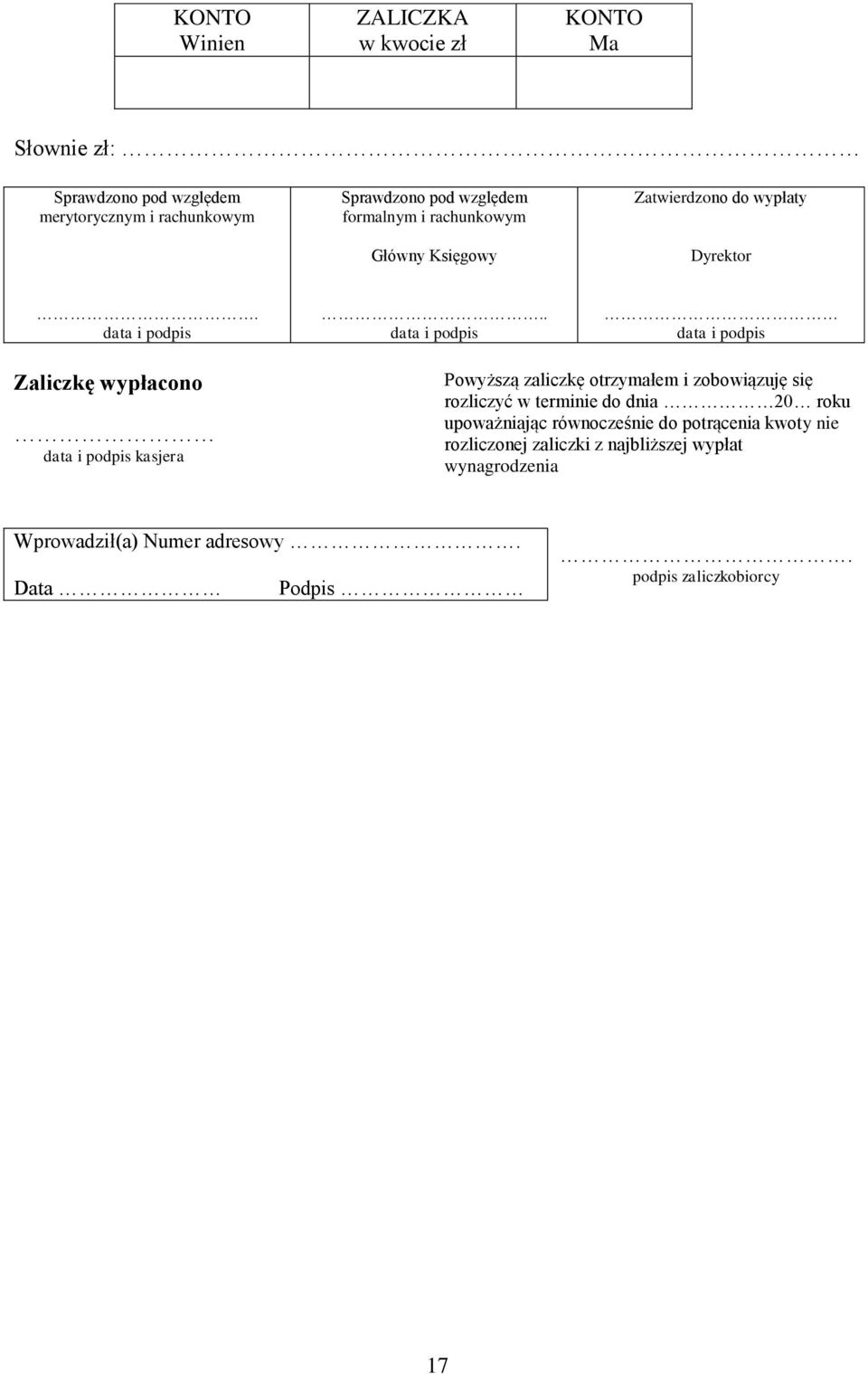 . data i podpis data i podpis Zaliczkę wypłacono data i podpis kasjera Powyższą zaliczkę otrzymałem i zobowiązuję się rozliczyć w