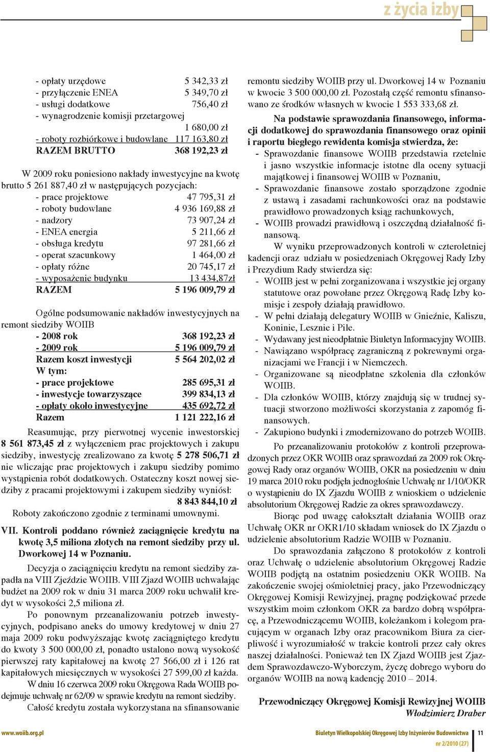 907,24 zł - ENEA energia 5 211,66 zł - obsługa kredytu 97 281,66 zł - operat szacunkowy 1 464,00 zł - opłaty różne 20 745,17 zł - wyposażenie budynku 13 434,87zł RAZEM 5 196 009,79 zł Ogólne