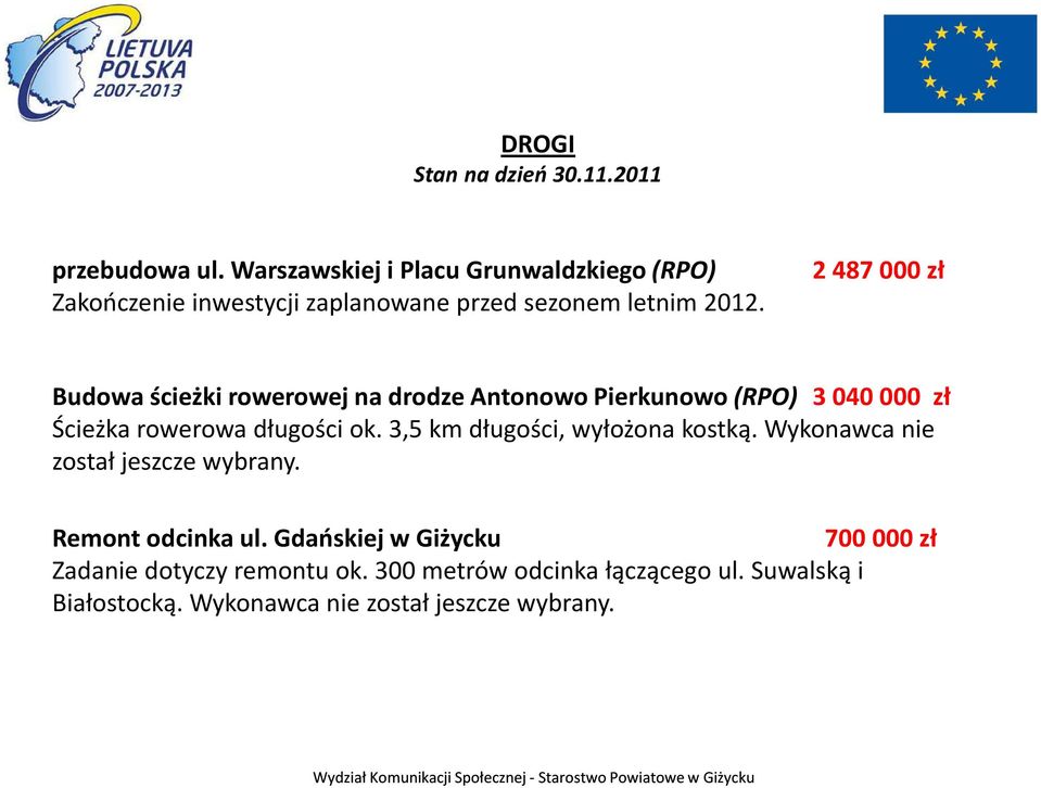 2 487 000 zł Budowa ścieżki rowerowej na drodze Antonowo Pierkunowo (RPO) 3 040 000 zł Ścieżka rowerowa długości ok.