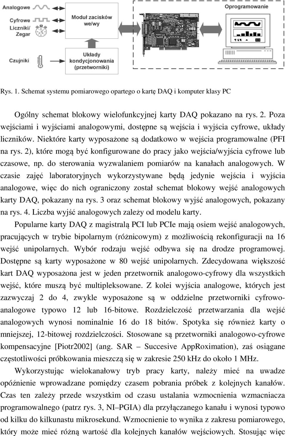 Poza wejściami i wyjściami analogowymi, dostępne są wejścia i wyjścia cyfrowe, układy liczników. Niektóre karty wyposażone są dodatkowo w wejścia programowalne (PFI na rys.